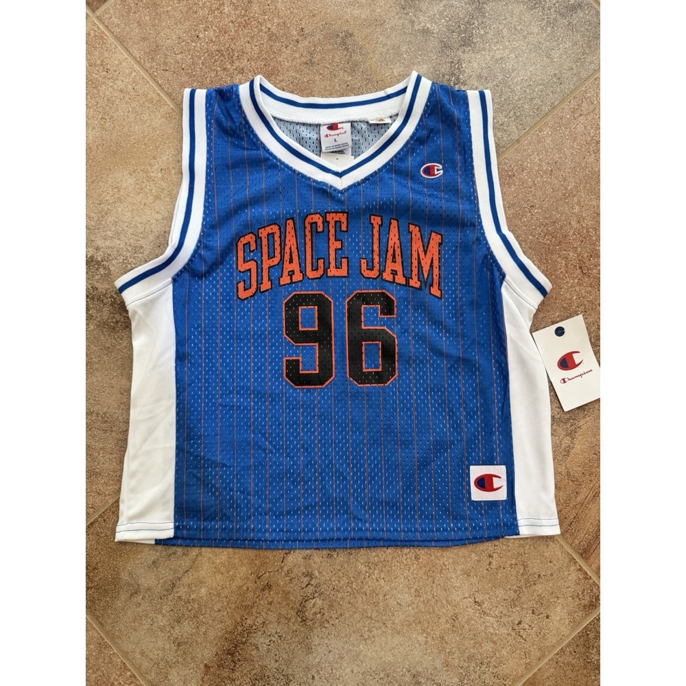 Women's Champion Blue Space Jam 96 Cropped Jersey 30th Anniversary Large NWT